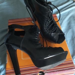 Black Laced Open-toe Platform Heels